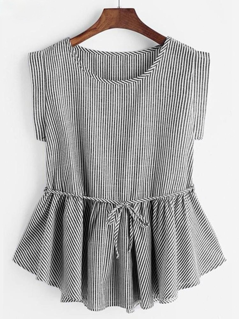 Zanzea Striped Tie-Waist Peplum Tunic Top in Black & White Sz M